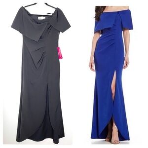 NWT Eliza J Off The Shoulder Ruched Maxi Dress With Front Slit In Black Size 10